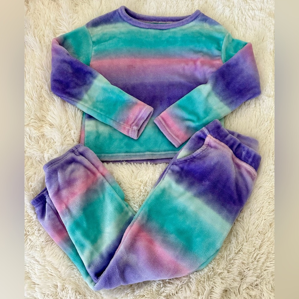 SO Girls Rainbow Stripe Plush Fleece Pajama Set Size 8 Purple Teal Pink Cozy